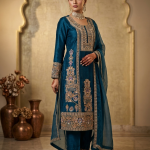 teal elegance: hand embroidered velvet & silk heritage ensemble