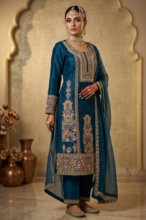 teal elegance: hand embroidered velvet & silk heritage ensemble