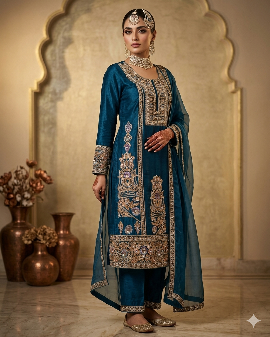 teal elegance: hand embroidered velvet & silk heritage ensemble teal elegance: hand embroidered velvet & silk heritage ensemble