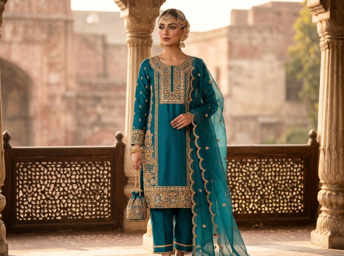 teal elegance: hand embroidered velvet & silk heritage ensemble teal elegance: hand embroidered velvet & silk heritage ensemble