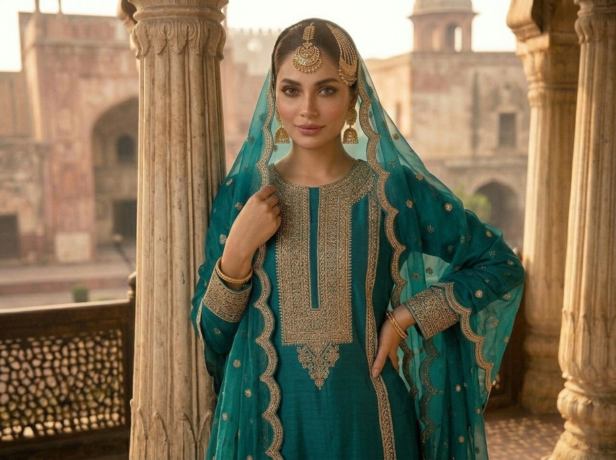 teal elegance: hand embroidered velvet & silk heritage ensemble teal elegance: hand embroidered velvet & silk heritage ensemble