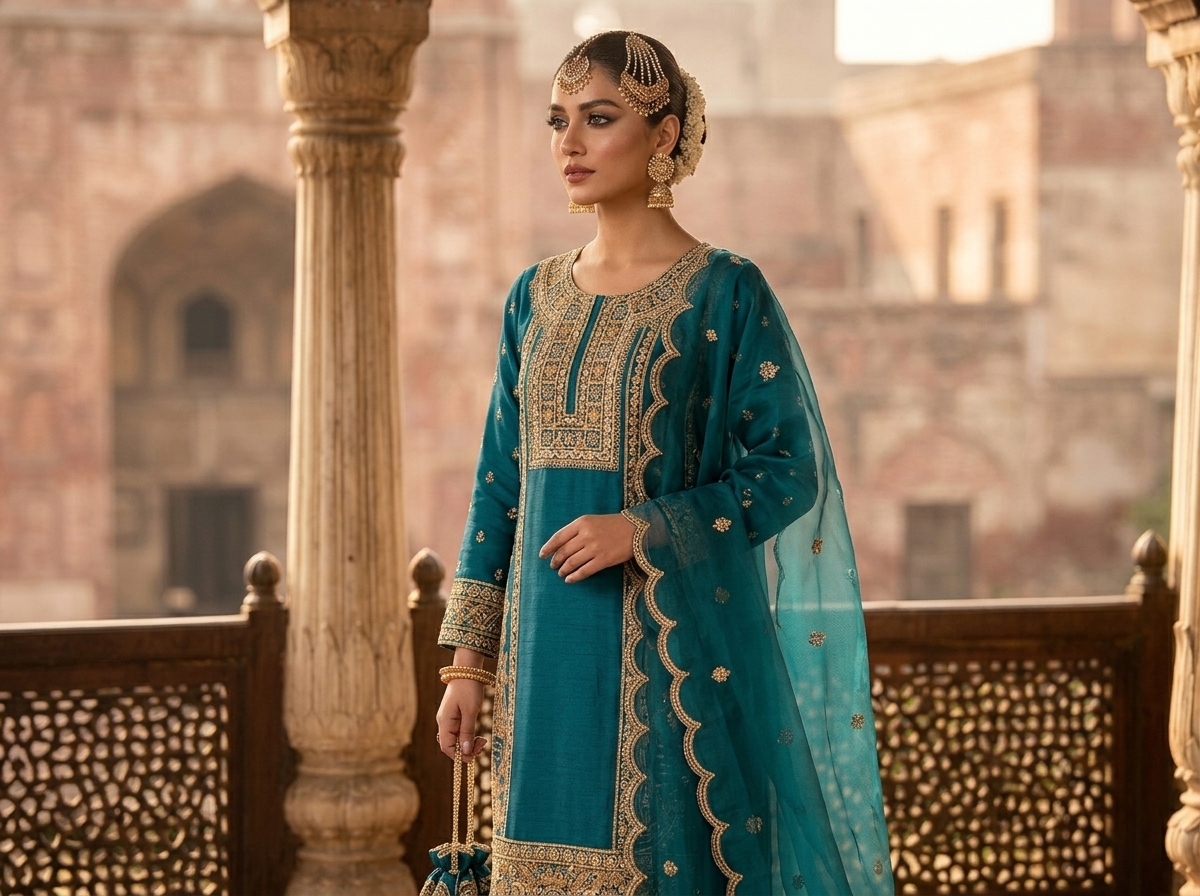 teal elegance: hand embroidered velvet & silk heritage ensemble teal elegance: hand embroidered velvet & silk heritage ensemble