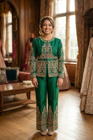 elegant emerald green hand embroidered formal suit