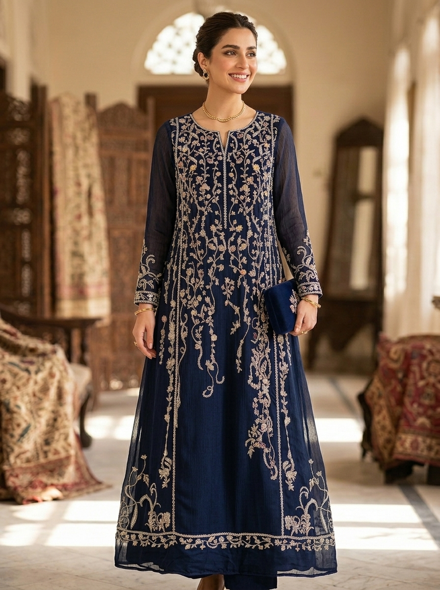 midnight sultana: hand embellished navy chiffon pishwas midnight sultana: hand embellished navy chiffon pishwas