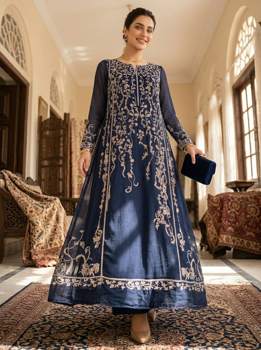 midnight sultana: hand embellished navy chiffon pishwas midnight sultana: hand embellished navy chiffon pishwas