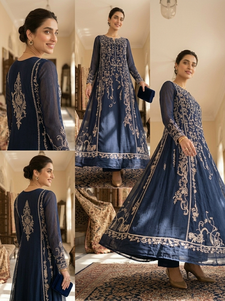 midnight sultana: hand embellished navy chiffon pishwas midnight sultana: hand embellished navy chiffon pishwas