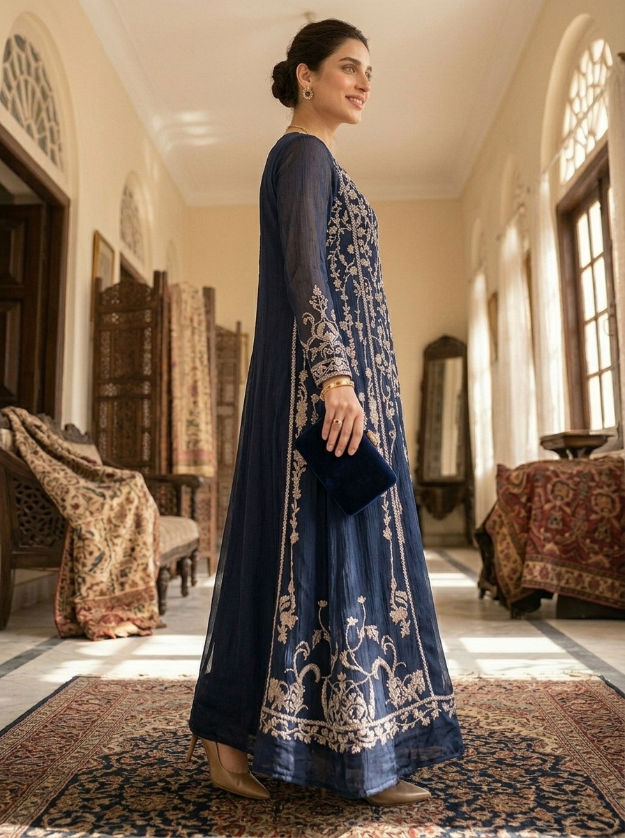 midnight sultana: hand embellished navy chiffon pishwas midnight sultana: hand embellished navy chiffon pishwas